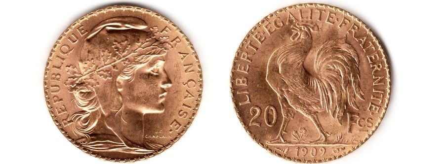 Pièce d'or 20 Francs Marianne Coq de 1909